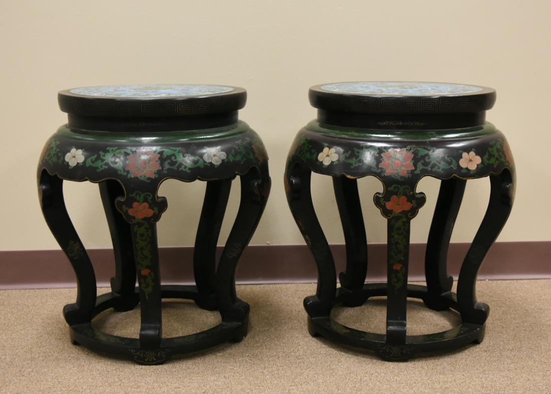 Pair of Chinese Cloisonne & Lacquer Stools,20th C.: A pair of matching, Chinese, lacquered wood stools, the seats cloisonne discs decorated with auspicious artifacts (green & yellow-green) surrounded by dark blue, red & white beasts, within a ring of p