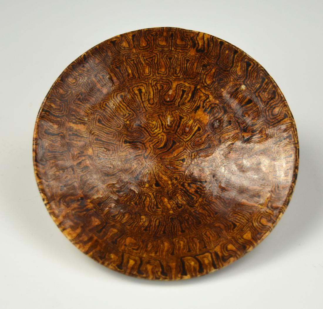 Chinese Tang Style Tripod Marbled Glazed Plate: Chinese ,Tang style ,marble glazed plate raised on a tripod foot, the exterior applied splashed brown patterned marble glaze D: 4"(10.2cm) Condition: the plate is in excellent condition with no damage
