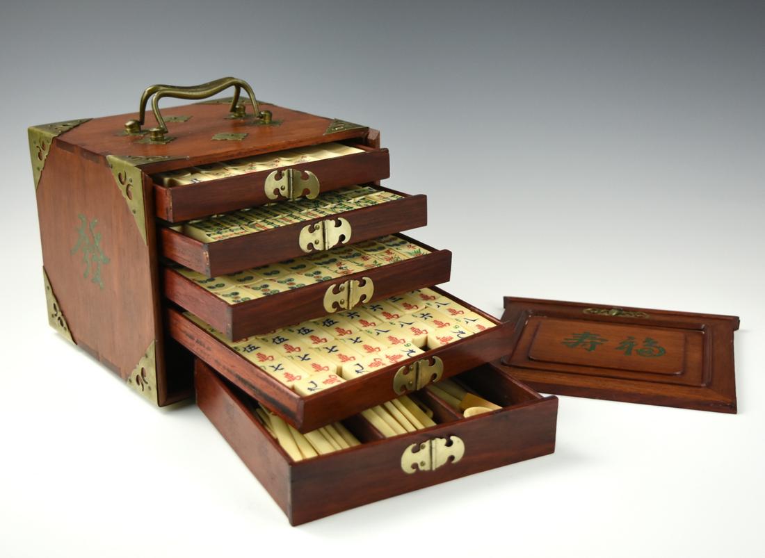 Antique Chinese Mahjong Set w/ Box, Qing D.: Mahjong box set, Qing Dynasty, decorated in woods with metal handles and decor, consists of five drawers to the box. First drawer consists of 36 mahjong dices, second drawer consists of 36 mahjong dic