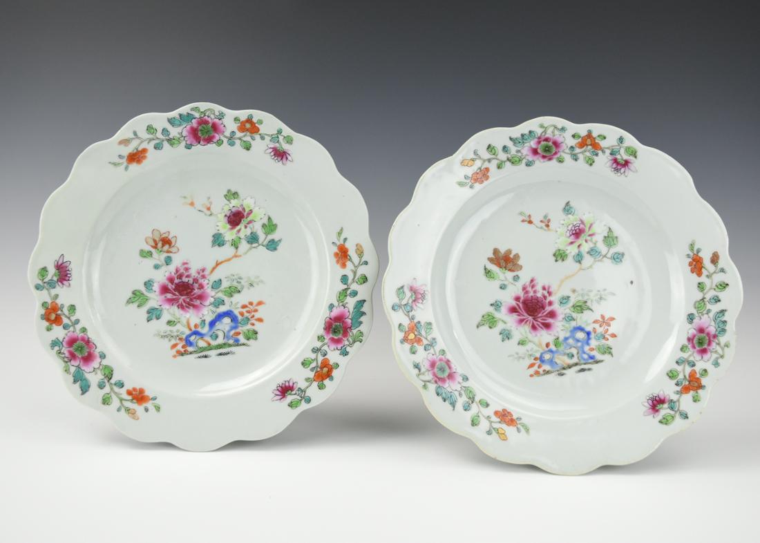 Chinese Famille Rose Plate w/ Scallop Edge, 18th C: Chinese ,18th C,painted in the center with blooming floral sprays, the cavetto decorated with an iron-red and gilt band reserved with lotus, two plates similarly decorated with a large central peony s
