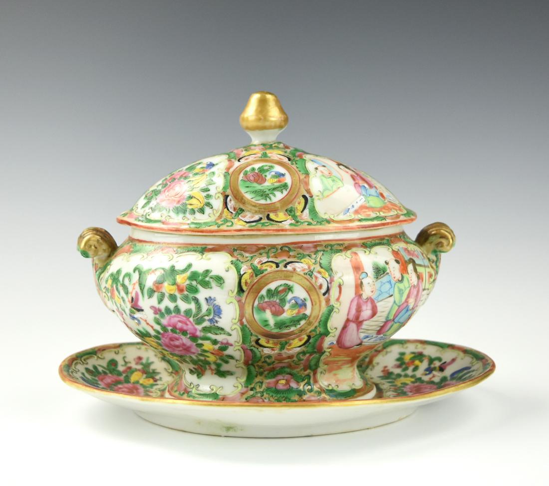 Chinese Canton Glazed Soup Tureen & Cover,19th C.: Chinese ,19th C,two-handled Cantonese glazed soup tureen with cover, comprised with panels featuring floral sprigs, petals and leafy scrolls, figures and butterflies with a flower bud finial, on a can