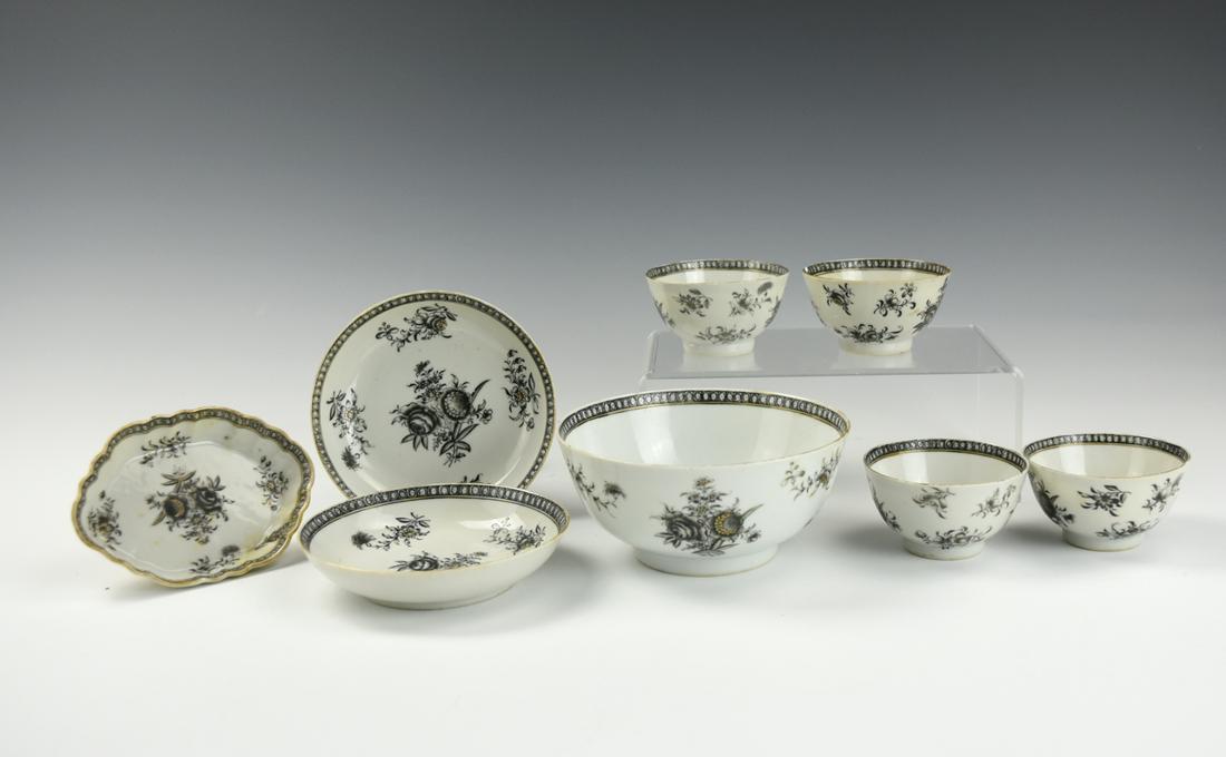 Group of 3 Grisaille Plates,4 Cups & a Bowl: Chinese ,18th C,group of grisaille set includes 4 cups, 3 plae and a bowl, painted with grisaille on the exterior depicting leafy branches of peonies in stylized floral sprays, all reserved against a 