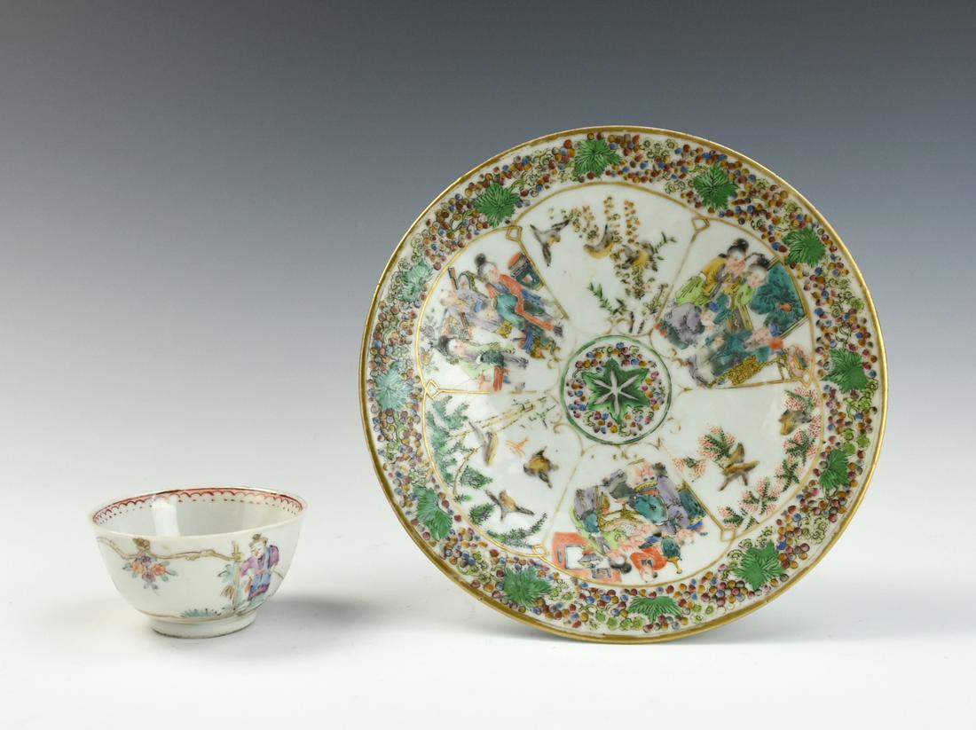Chinese Cantonese Glazed Plate & Cup, 18-19th C.: each painted with figure scenes within an elaborate border of bird and flower panels edged with colorful angular borders alternating with silvered foliage and sepia scrollwork. Together with one simil