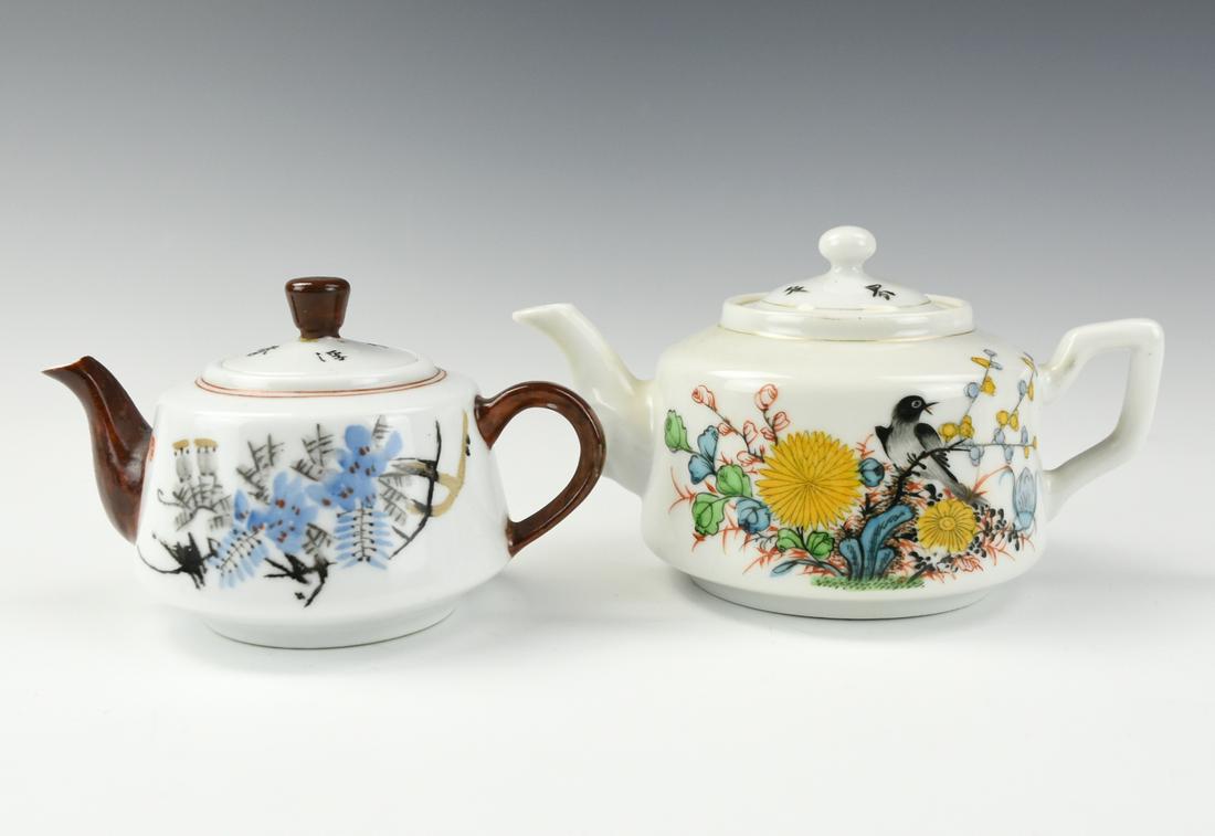 Two Chinese Famille Rose Teapots, ROC Period: the rounded sides of each rising from a short foot to an everted rim, one side of the exterior painted with trailing of floral sprays and chrysanthemum, with a bird and budding flower. The other side 