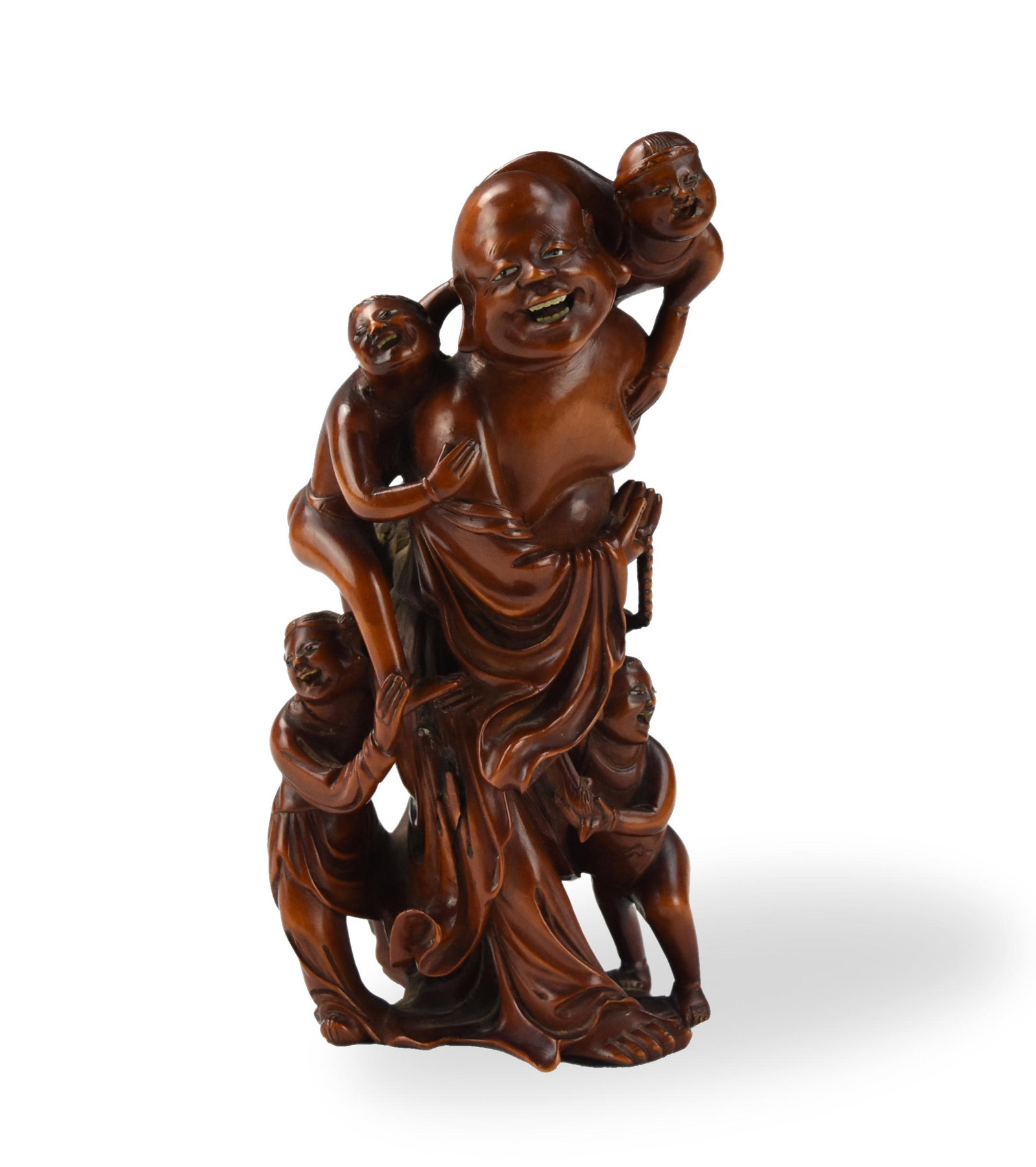 Chinese Carved Wooden Buddha Figure, Qing Dynasty: Chinese ,Late Qing D, a carved Buddha wood figure in long robes along with four children clinging onto its body, all with joyful expressions H: 7.2"(18.4cm) D: 3.1"(8cm) Condition: in good condition, 