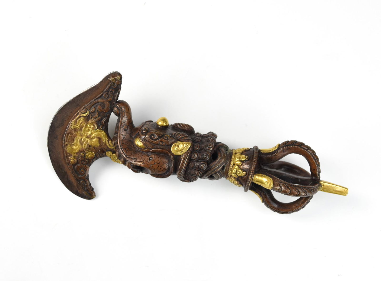 Chinese Antique Gilt Bronze Tibet Vajry: Chinese ,Qing Dynasty, with gilt and a rich patination, decorated with ruyi scrolls, cloud scrolls and geometric patterns in low relief D: 8 1/4" (21 cm) Condition: in general good condition with age