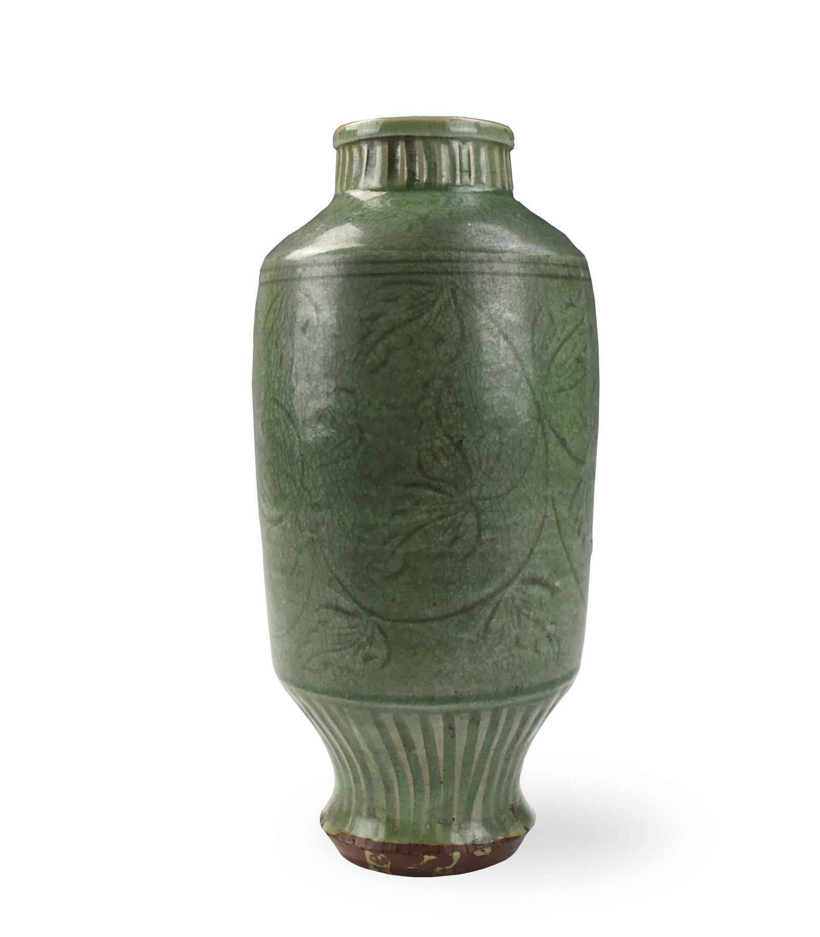 Chinese Longquan Celadon Latern Vase, Ming Dynasty: Chinese ,Ming Dynasty, of ovoid form rising from a waisted foot and straight neck, incised with a diaper motif and floral spray around the exterior , all beneath a lustrous olive-green glaze H: 12.2"(