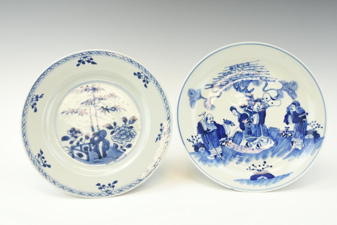 Two Chinese Blue & White Plates,18-19th C.: Two, Chinese ,18-19th C, blue & white porcelain plate decorated with four immortal figures standing behind a pine tree in a court yard the other porcelain plate with gently curing sides, painted with 