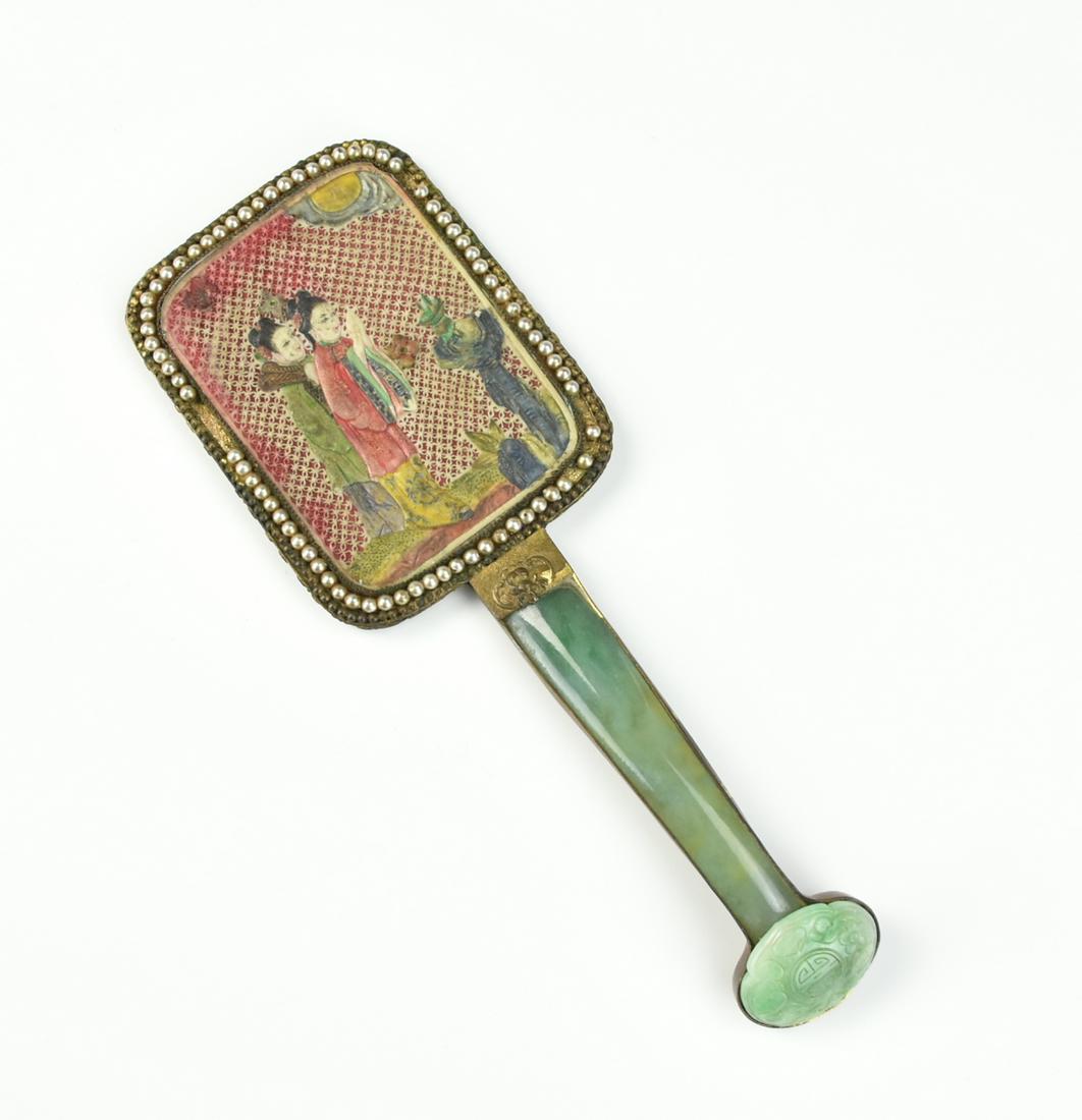 Chinese Hand Mirror w/ Pearl & Jadeite Handle: Chinese ,Late Qing D, hand mirror with a Ruyi shaped jadeite handle, framed in square ,bronze, bone carved with two female figures at the back panel,. The panel is surrounded by tiny pearl beads and e