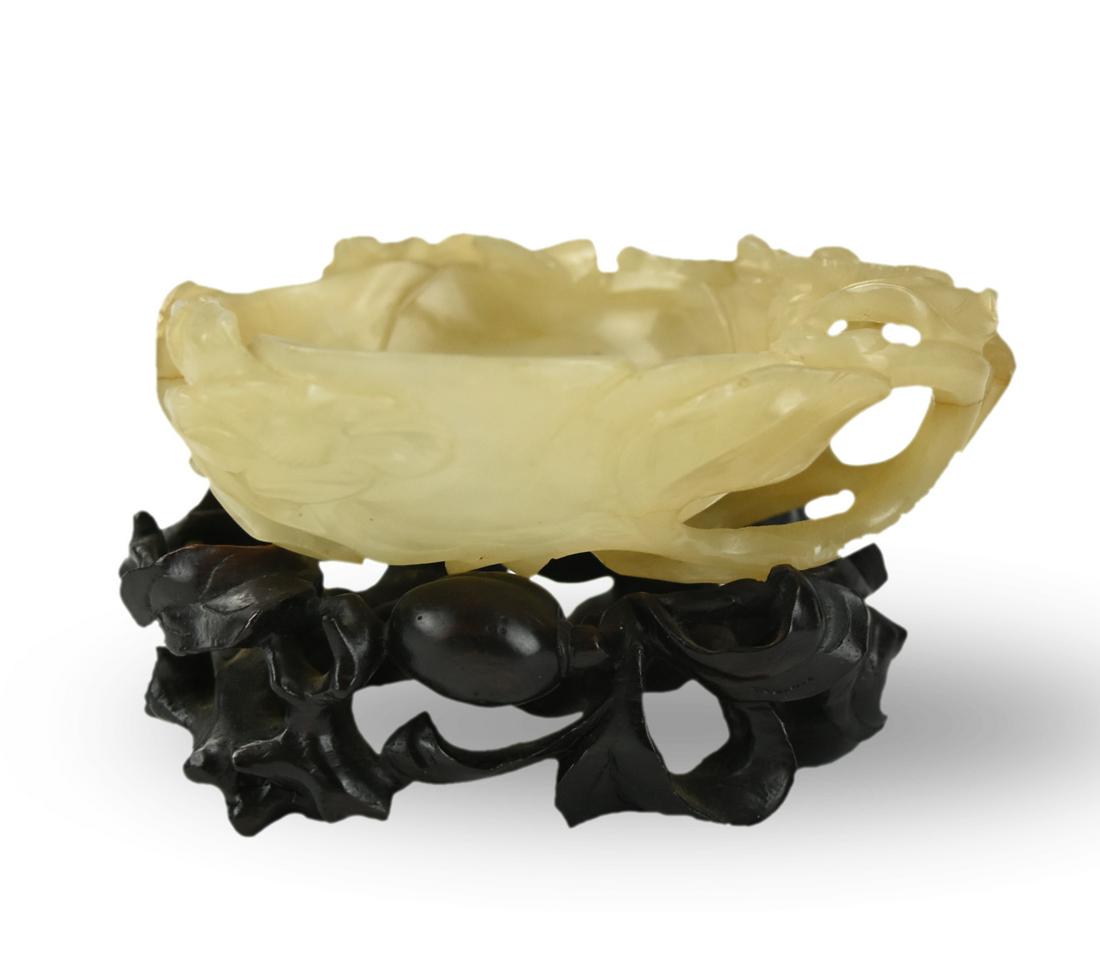 Chinese Carved Jade Washer, Ming Dynasty: Chinese ,Ming Dynasty, the straight-sided quatre-lobed body carved and pierced in high relief with blossoming peony branches extending over the rim into the vessel, come with wood stand H: 2.8"(7.1cm)