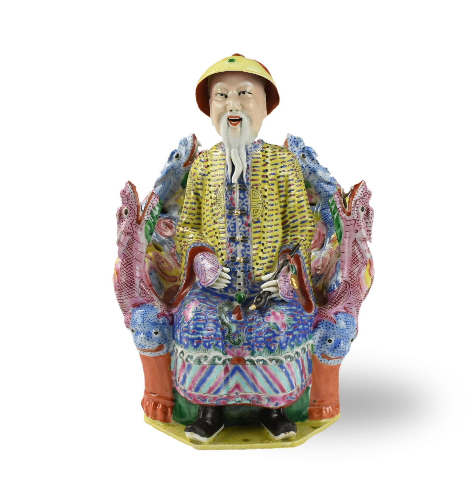 Famille Rose Emperor Figure On Dragon Throne: Chinese ,20th C,famille rose glazed porcelain figure of a emperor in a domed hat, with loose yellow and blue robe, seated on an openwork throne of swirling clouds & writhing dragons H: 9"(23cm) D: 2.9
