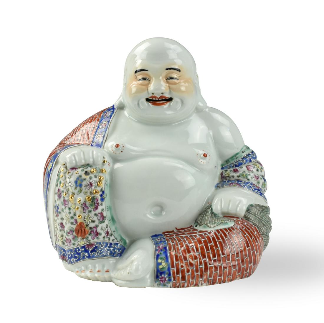 Large Chinese Famille Rose Figure of Buddha, ROC P: Chinese ,Republic period ,a large Chinese, porcelain, famille rose budhha in robe with a smiley face, holding a golden beads chain to his right hand H: 10.2"(26cm) D: 10.8"(27.5cm) Condition: in good 