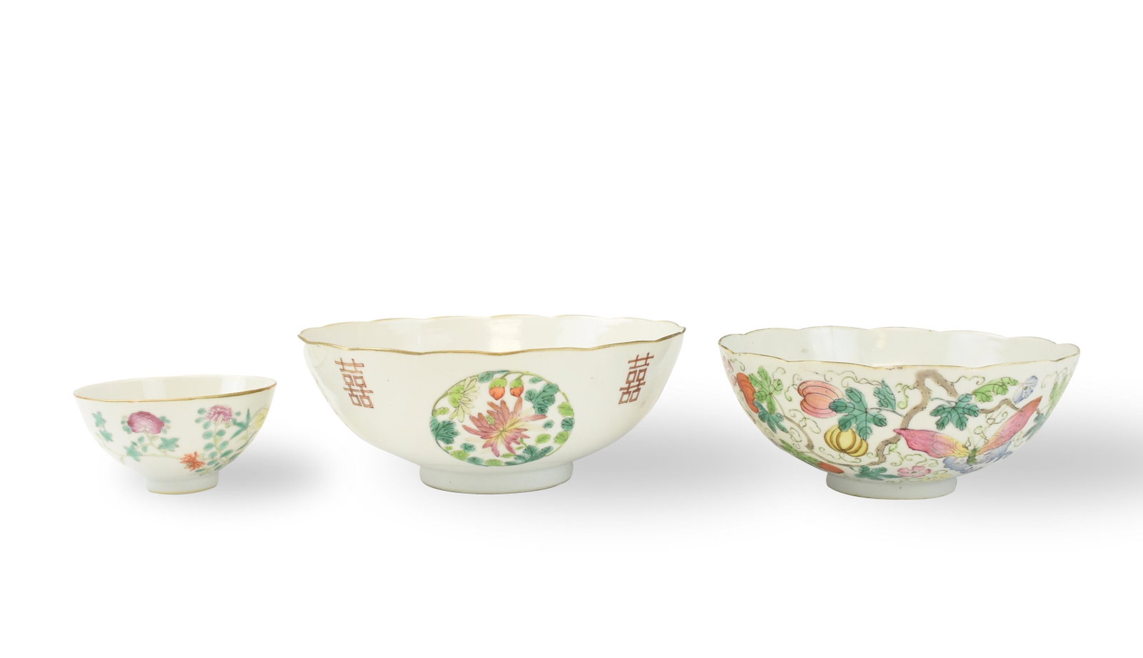 Three Chinese Famille Rose Floral Bowl ,19-20th C.: Chinese ,19-20th C, deep rounded sides rising from a straight foot to an everted gilt rim, delicately painted to the exterior with different flowering sprays of lotus, lily, chrysanthemum, camellia, h