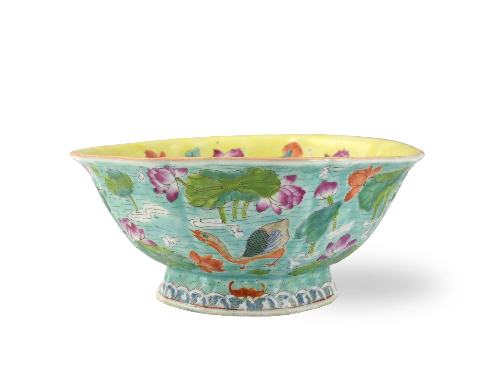 Chinese Famille Rose Stem Bowl w/ Lotues, 19th C.: Chinese ,19th C, octagonal stem bowl , standing on a flared foot, decorated with famille rose lotus flower egrets and ducks inside and out, the exterior covered with turquoise glaze and lemon yellow g
