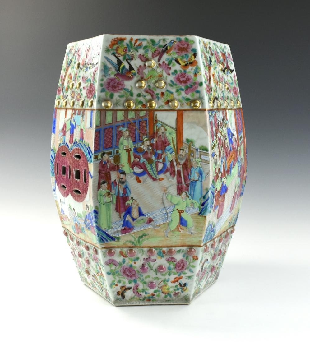 Chinese Canton Glaze Garden Stool w/ Figure,19th C: Chinese ,19th C, hexagonal shaped porcelain garden stool decorated with figural court scene on side side, floral pattern decorated to the top and bottom of the stool, pierced top and sides with Chines