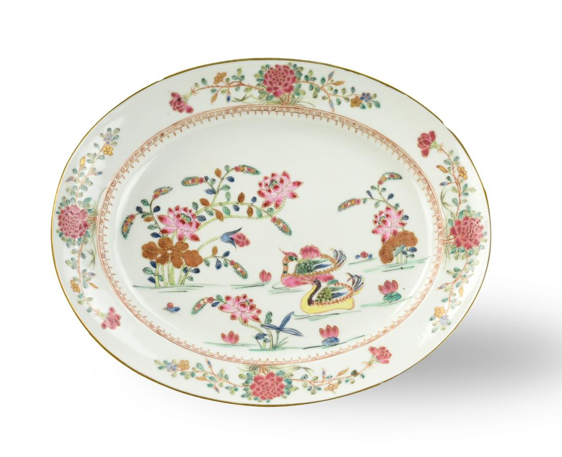 Chinese Export Famille Rose Plate w/ Duck: a lobed plate painted with bright enamel of peony sprigs and branches, the rim with blooming floral sprays with gilt D: 13.2"(33.6cm) Provenance: Michael Davis Gallery according to the sticker on the