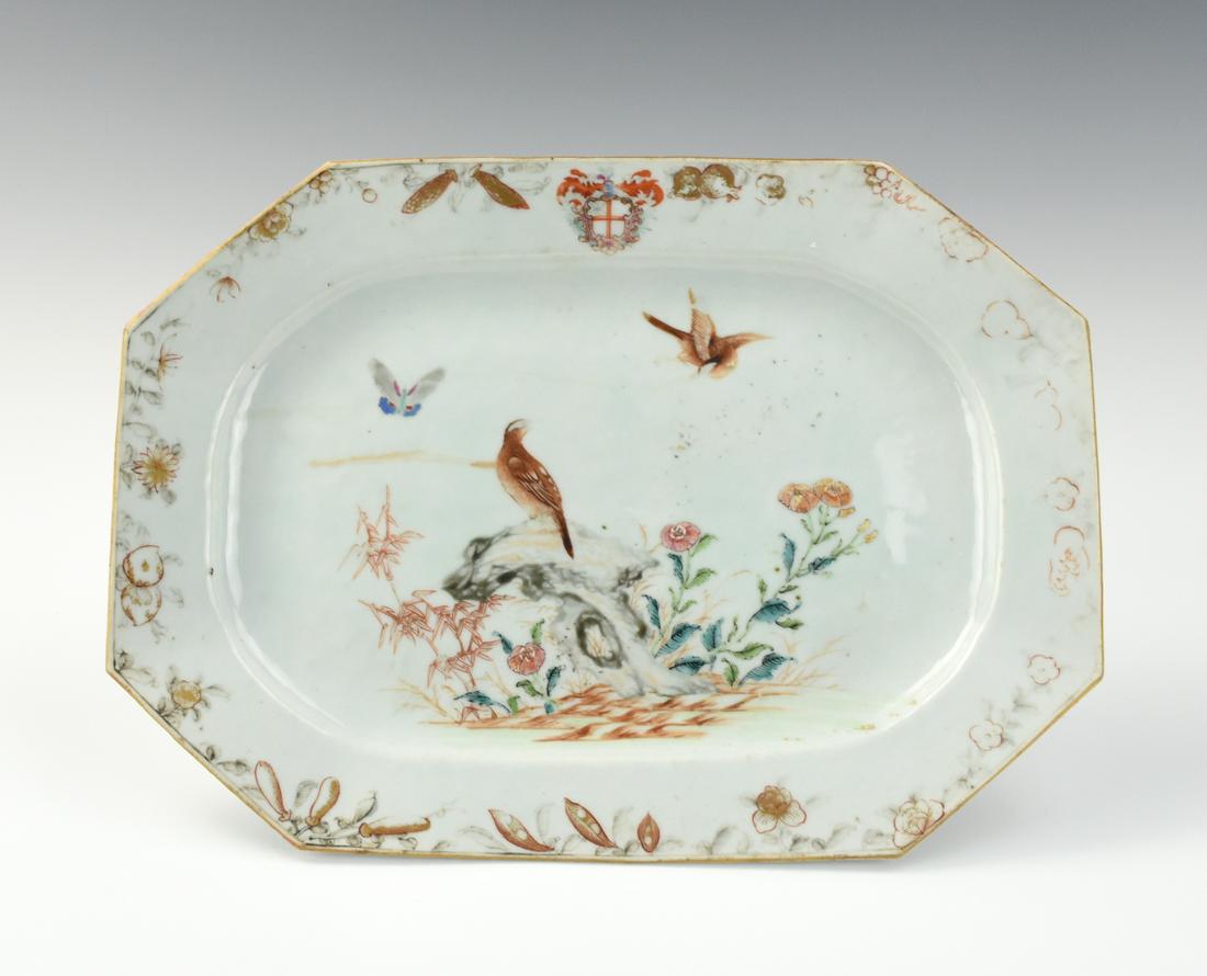 Chinese Export Grisaille & Gilt Plate, 18th C.: Chinese ,18th C,painted with gilt, depicting famille rose flowering plants with butterfly and birds standing and hovering on top of a rockwood, border encircled with floral sprays with iron red and gr