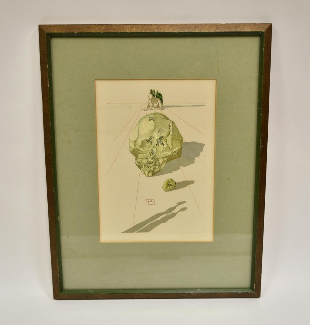 Digital Print of An Abstract Drawing: abstract drawing depicted a skeletal giant seating across a long table, with a close up skeletal skull head and shadows on a white ground, wooden framed. H: 19"(48.5cm) D: 15"(38.2cm) with frame Condi