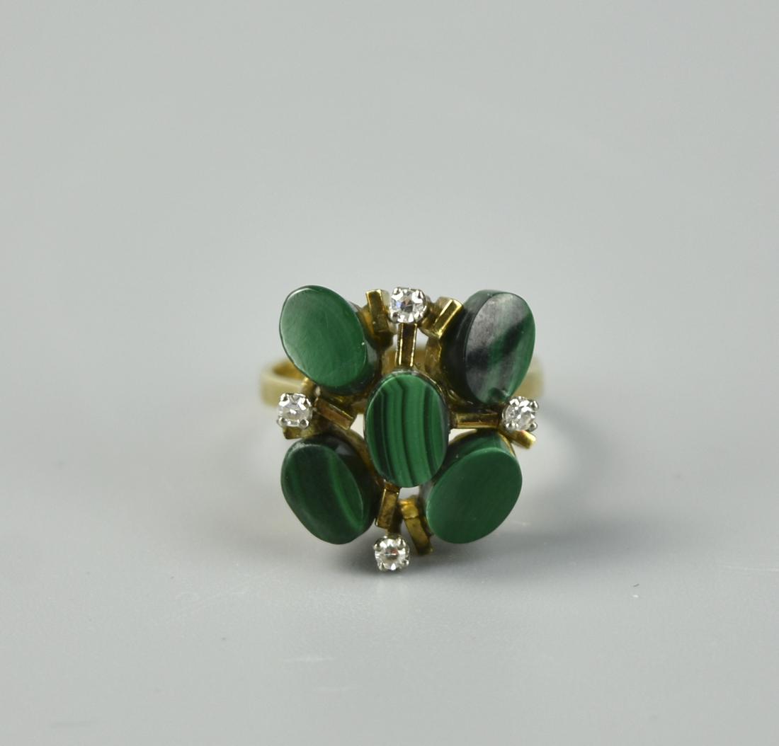 14K Carat Gold Ring inlaid w/ Malachite & Diamond: 14K Carat Gold Inlaid With malachite &Diamond D: 0.6"(1.6cm) Condition: in excellent condition, free of damage
