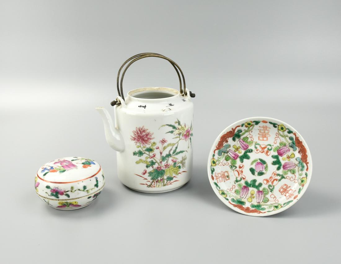 Group of 3 Famille Rose,Teapot, Box & Plate,19th C: Chinese ,19th C,of circular section, the cover delicately enameled with figural, the sides of the box painted with floral sprays and butterflies Chinese Teapot, painted with peonies floral sprigs and 