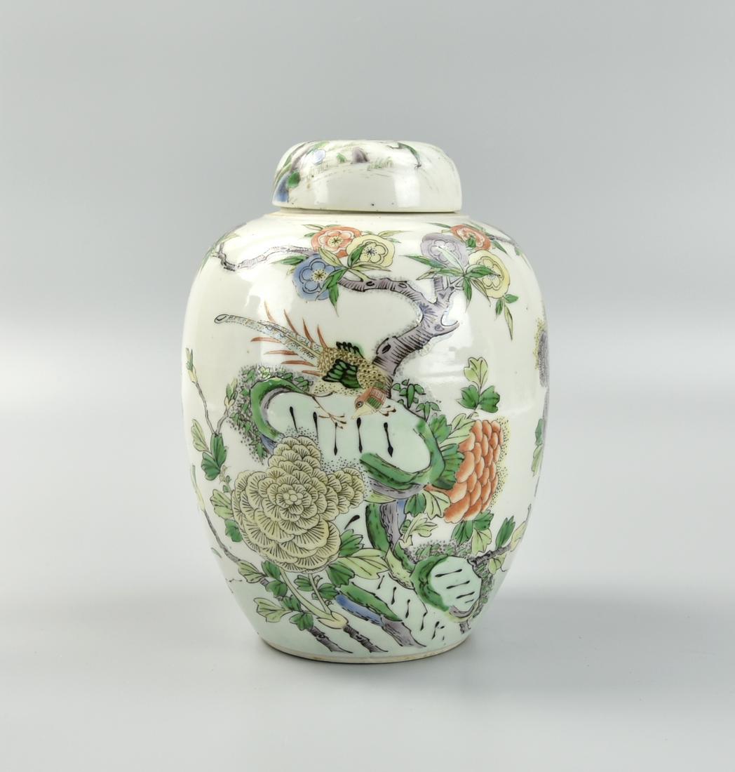 Chinese Famille Verte Jar and Cover, 19th C.: Chinese ,19th C,ovoid body rising from a recessed base to a short tapering neck, brightly enameled around the exterior with a long-tailed bird perched upon rockwork issuing leafy branches of peony and