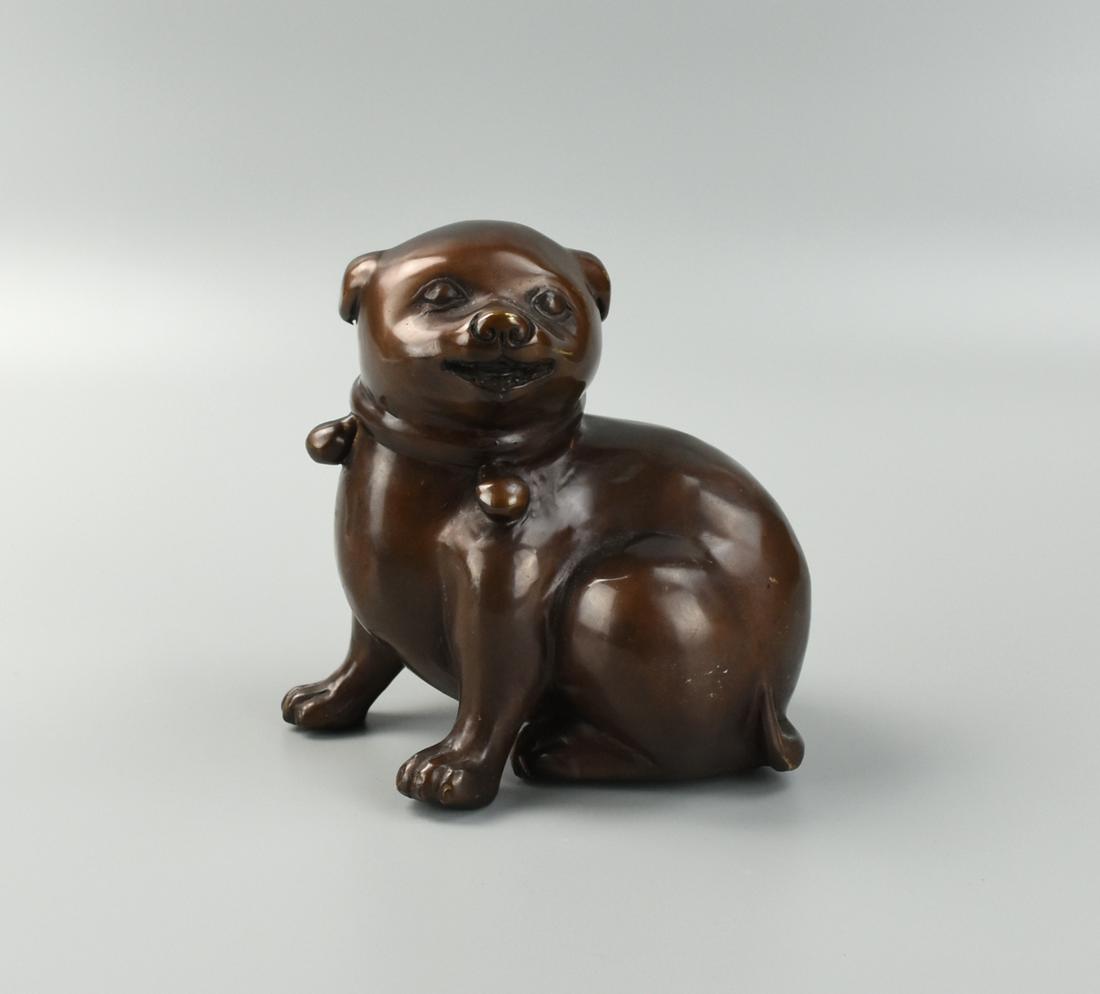 Chinese Antique Bronze Dog Statue: Chinese Bronze Dog Statue H: 5.9"(15cm) D: 5.7"(14.5cm) Weight: 2157 g Condition: General minor wear and rubbing to surface throughout, overall good condition.