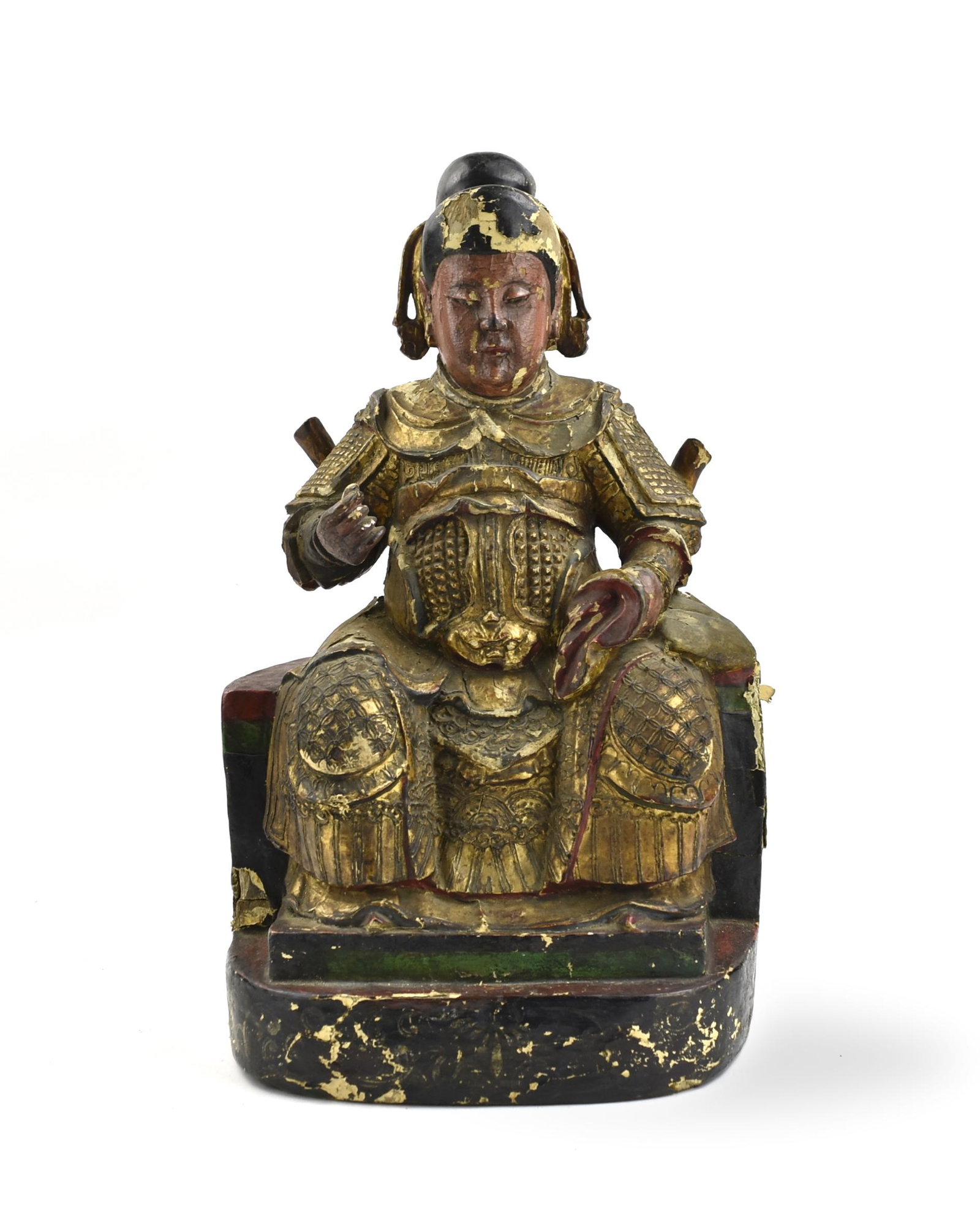 Chinese Gilt Lacquer Wood Figure of Diety ,Ming D.: Chinese ,Ming Dynasty ,a diety carved wooden figure seated on a chair with armors to his back and hair tied to a bun, with a serene facial expression. H: 18.1"(46cm) D: 10.2"(26cm) Condition: with sig