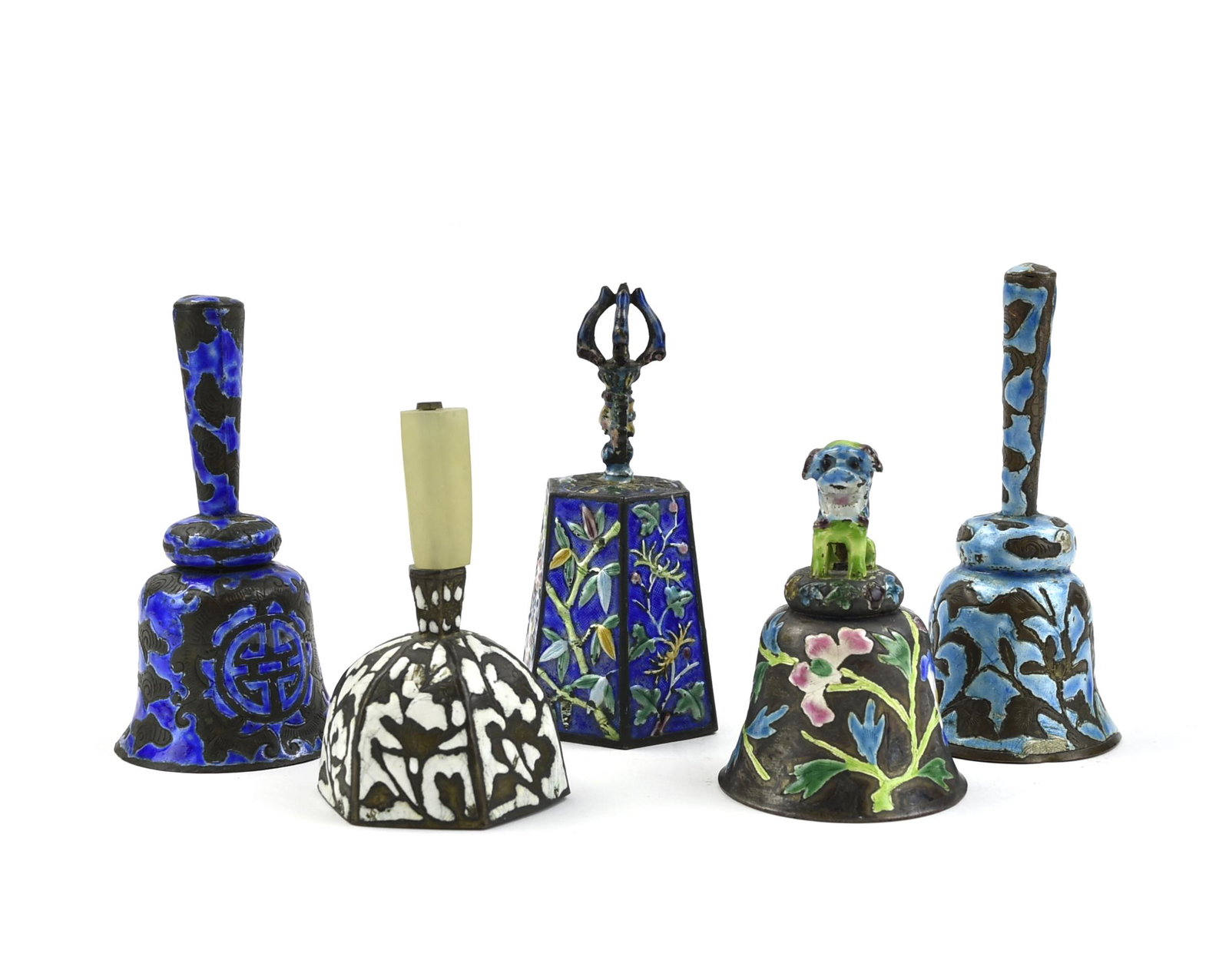 Group of 5 Chinese Blue Enameled Bells,Qing D.: Chinese ,Qing D,Blue Enameled bells, carved and painted on the surface with floral strapwork, foliage sprays, roundels of character, cloud swirls and bamboo branches on blue and metal grounds respecti