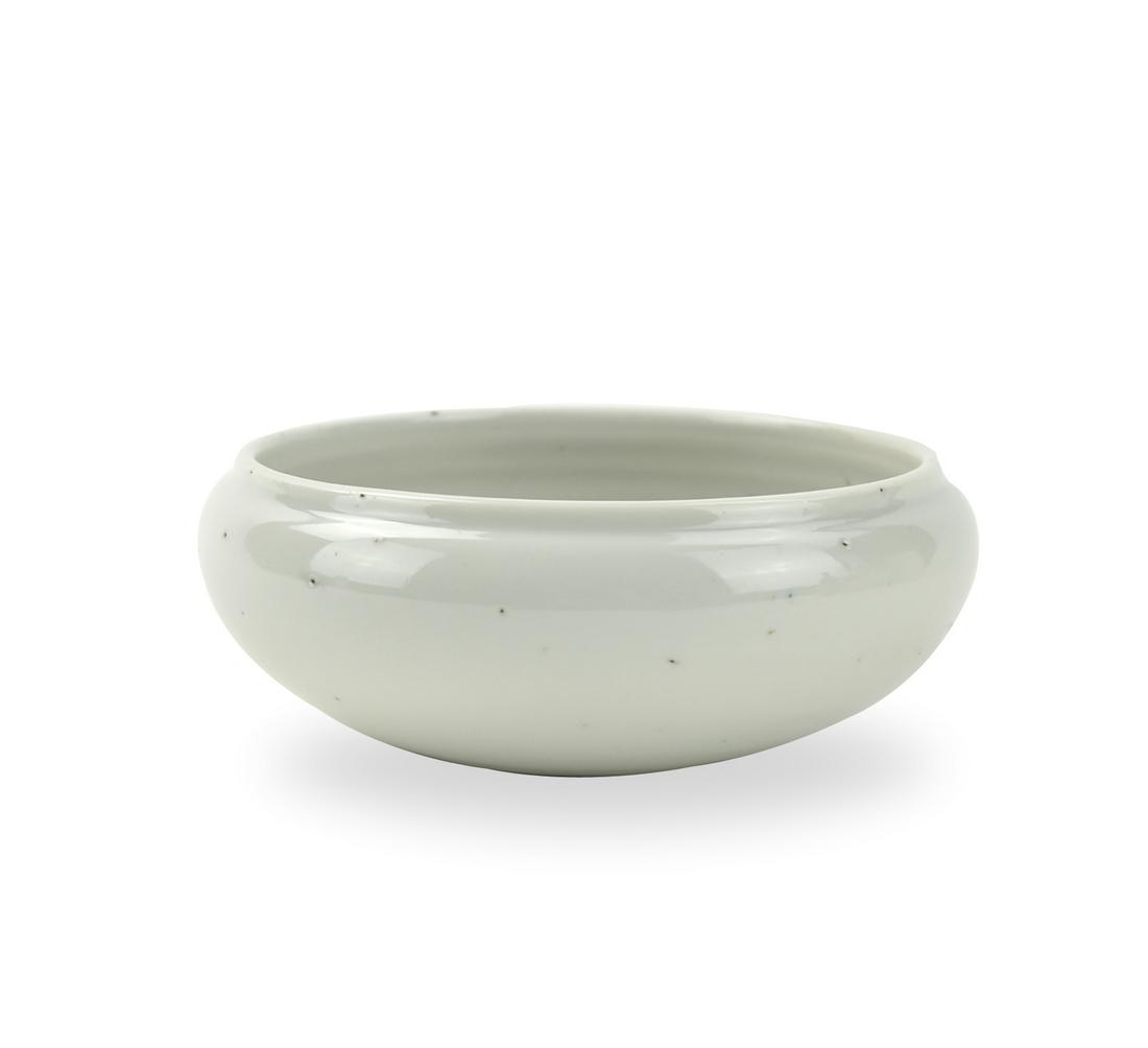 Chinese White Glazed Dragon Washer,18th C.: A Chinese,18th C, porcelain washer of compressed circular form, molded faintly with a dragon in pursuit of a flaming pearl amidst clouds to the center of the washer H: 1.9"(4.9cm) D: 5"(12.8cm) Condit