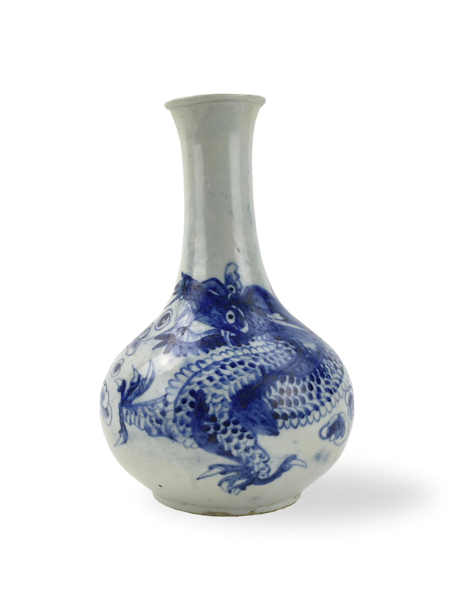 Korean Blue & White Dragon Vase ,19th C.: Korean 19th C,the globular body rising from a spreading foot to a tall cylindrical neck to a flared rim, painted with a ferocious chilong dragon in pursuit of a flaming pearl amidst clouds on a white 