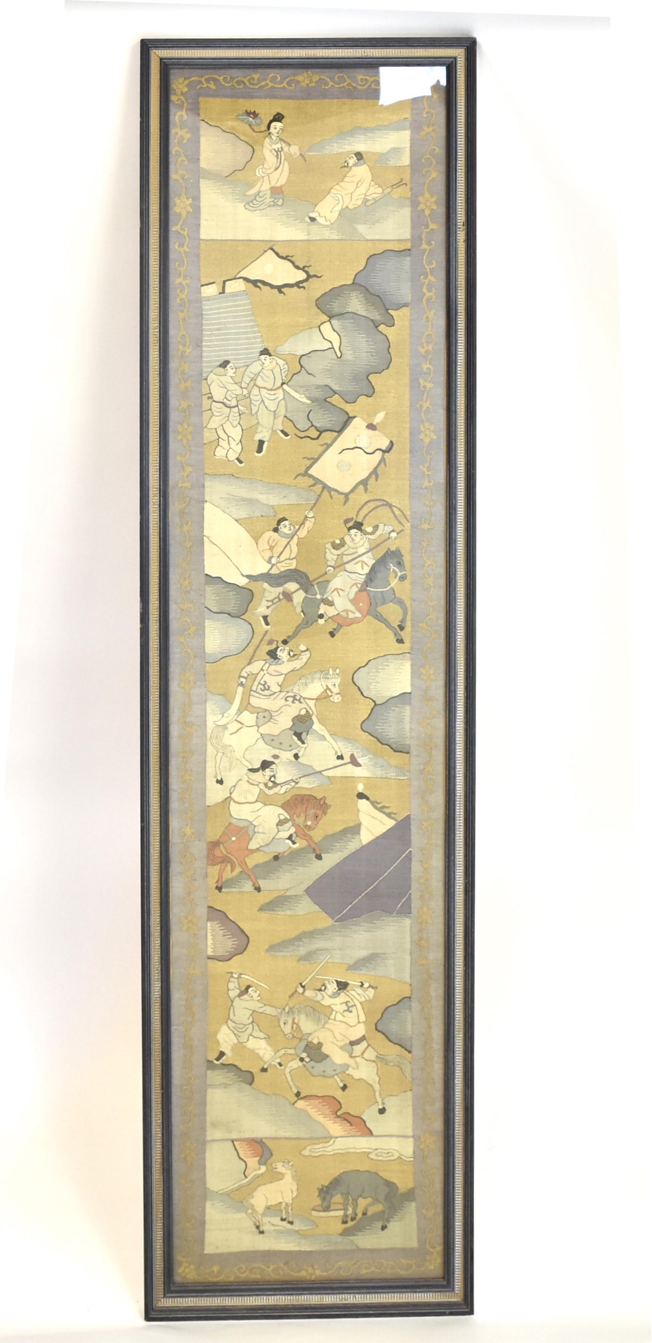 Chinese Frame Embroidery Kesi w/ Battle Field: Chinese,Qing Dynasty, embroidery Kesi, depicting figural in different scenes, warrior that is resting, warriors that are conversing with each other holding armors, warriors riding on horses holding hu