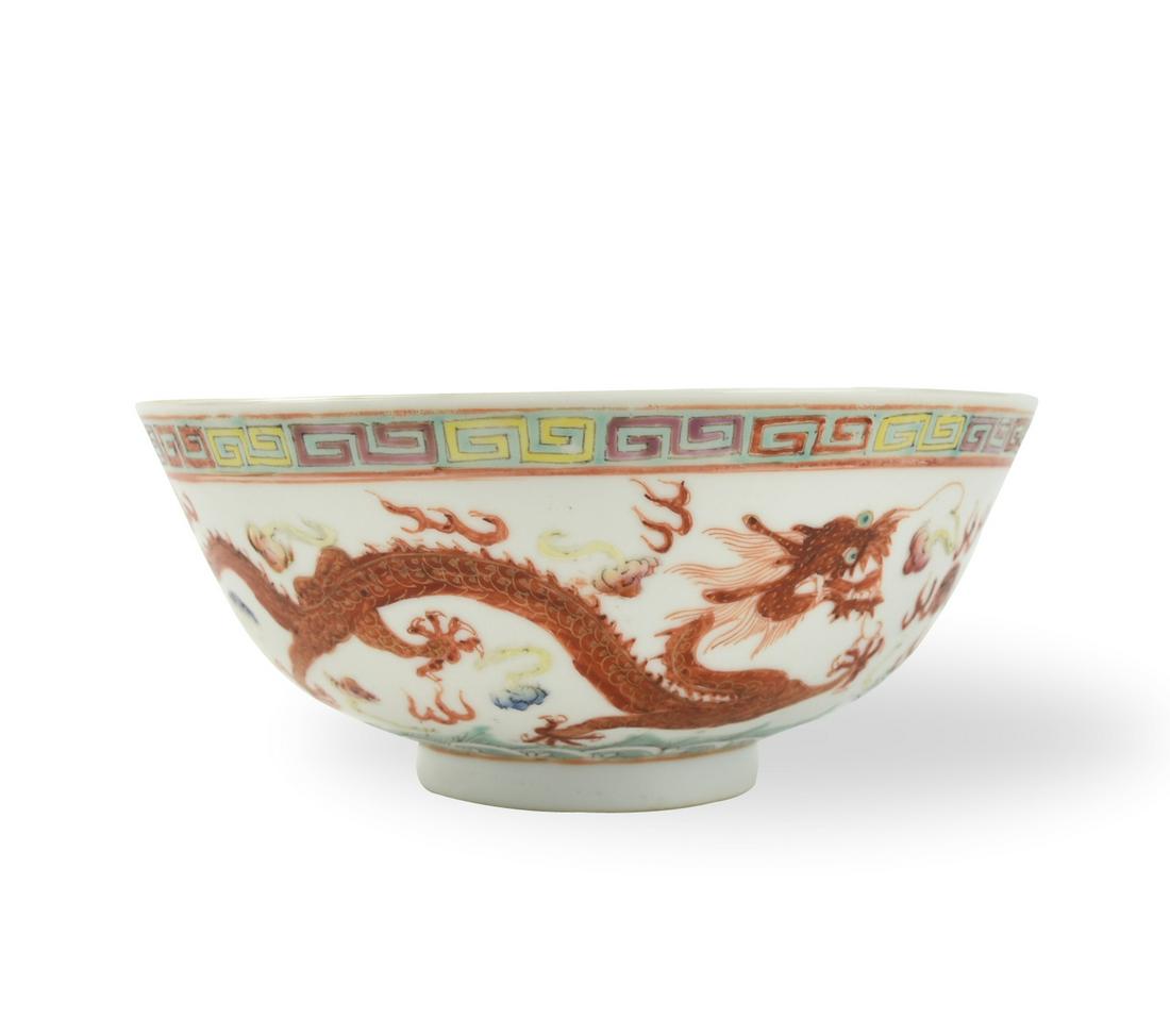 Chinese Famille Rose Bowl w/ Dragon, Roc Period: Chinese ,Roc Period, decorated with key fret border to the interior rim an a flamingo bird to the center, bowl exterior painted with a 5 clawed dragon and long-tailed phoenix in pursuit of a flaming p