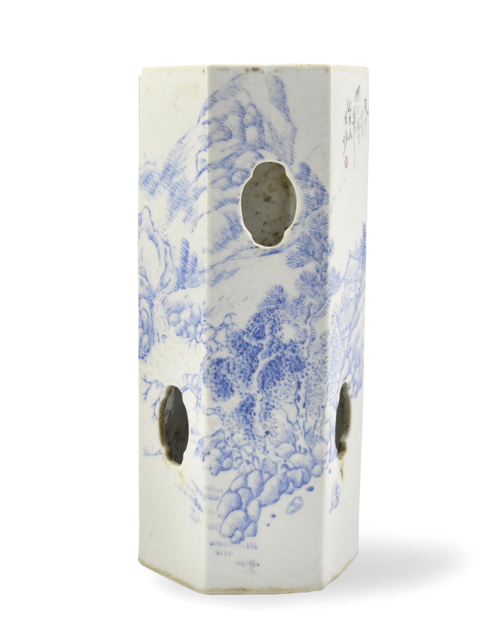 Chinese Blue Pigment Hat Vase w/ Landscape, 20th C (1 of 9)