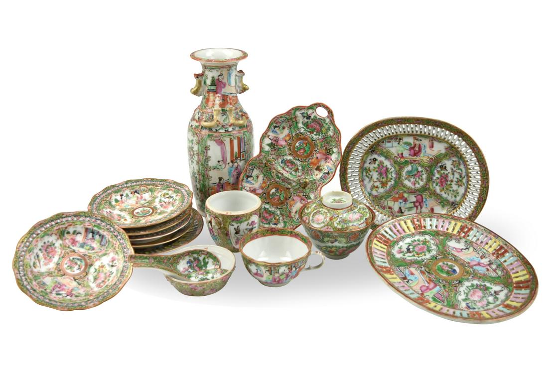 Group of 14 Cantonese Glazed Plates, Cups & Vase (1 of 7)