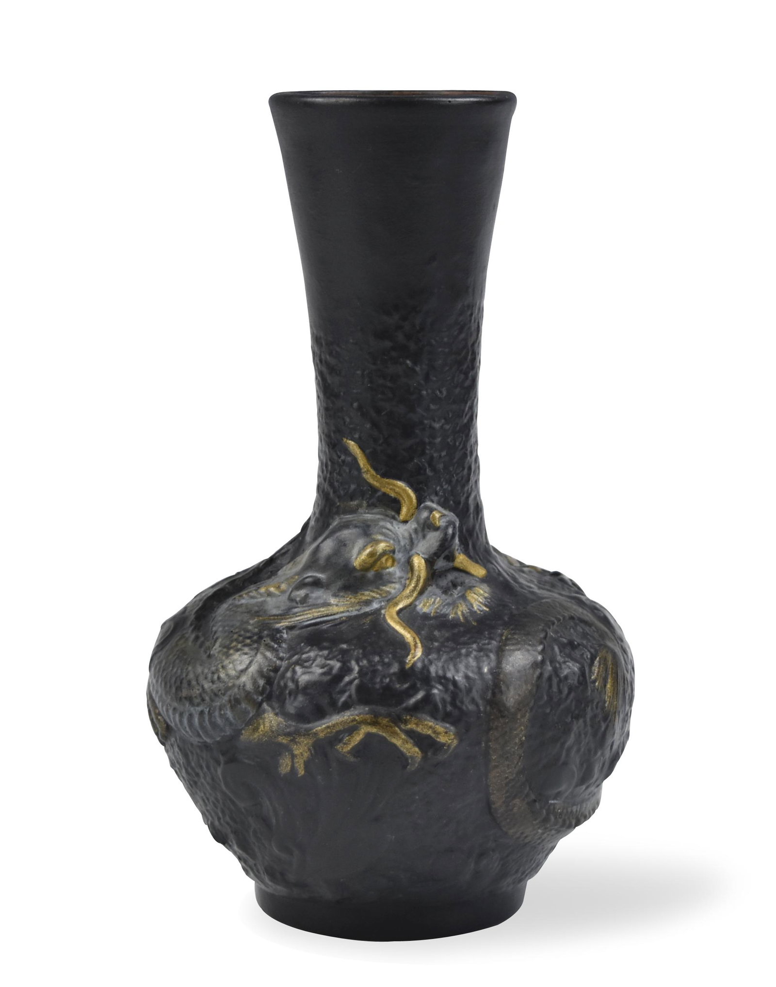 England Pottery Gilt Dragon Vase: A England dark pottery vase of globular form with a tall flared neck, ornamented with a sculpted four clawed writhing and ferocious dragon over a bed of stylized waves, seal marked "made in England" "