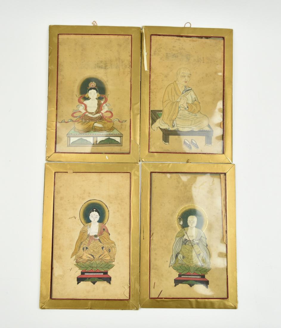 4 Japanese Buddha Painting on Paper: 4 Japanese ,Buddha painting on paper , all come with a gild paper frames D: 8" (20 cm) x 12 "(30. 5 cm) each individual Condition: all in good condition with age related wear and water stain ,one of t