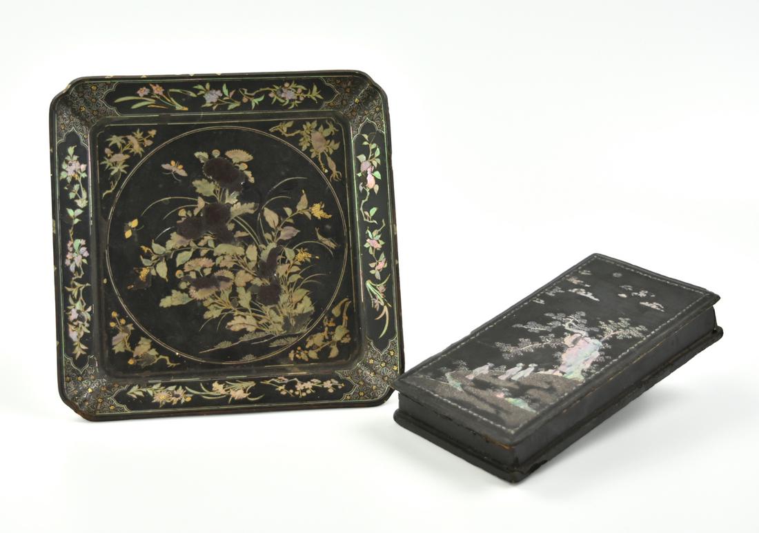 2 Chinese Lacquer Box & Plate Inlaid w/ MOP,18th C (1 of 12)