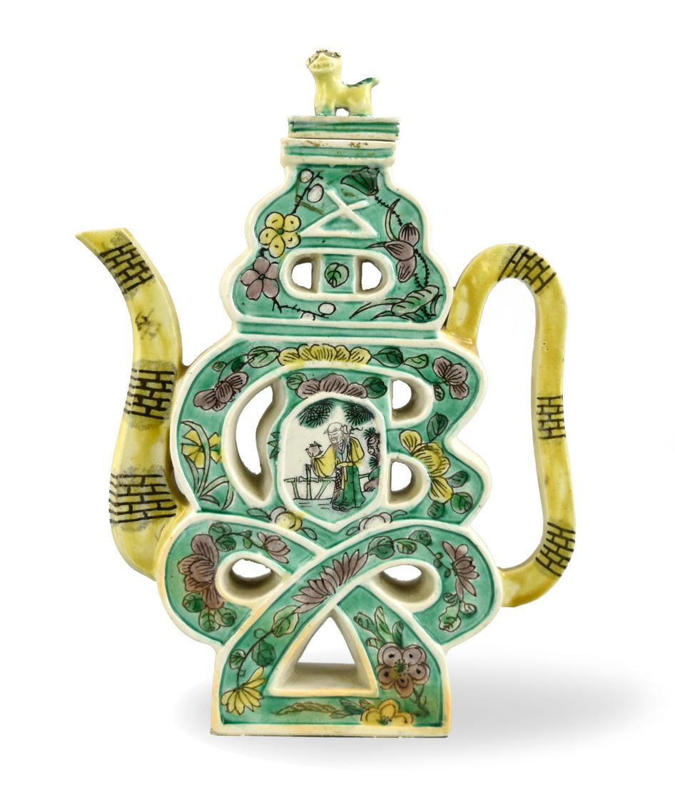 Chinese Sancai Glazed "Shou"Wine Pot,19th C.: Chinese ,19th C,a sancai glazed, `Shou` character wine pot and cover, painted with floral scrolls on a green ground, with bricks pattern painted to the handle and spout, on a yellow ground, side rims 