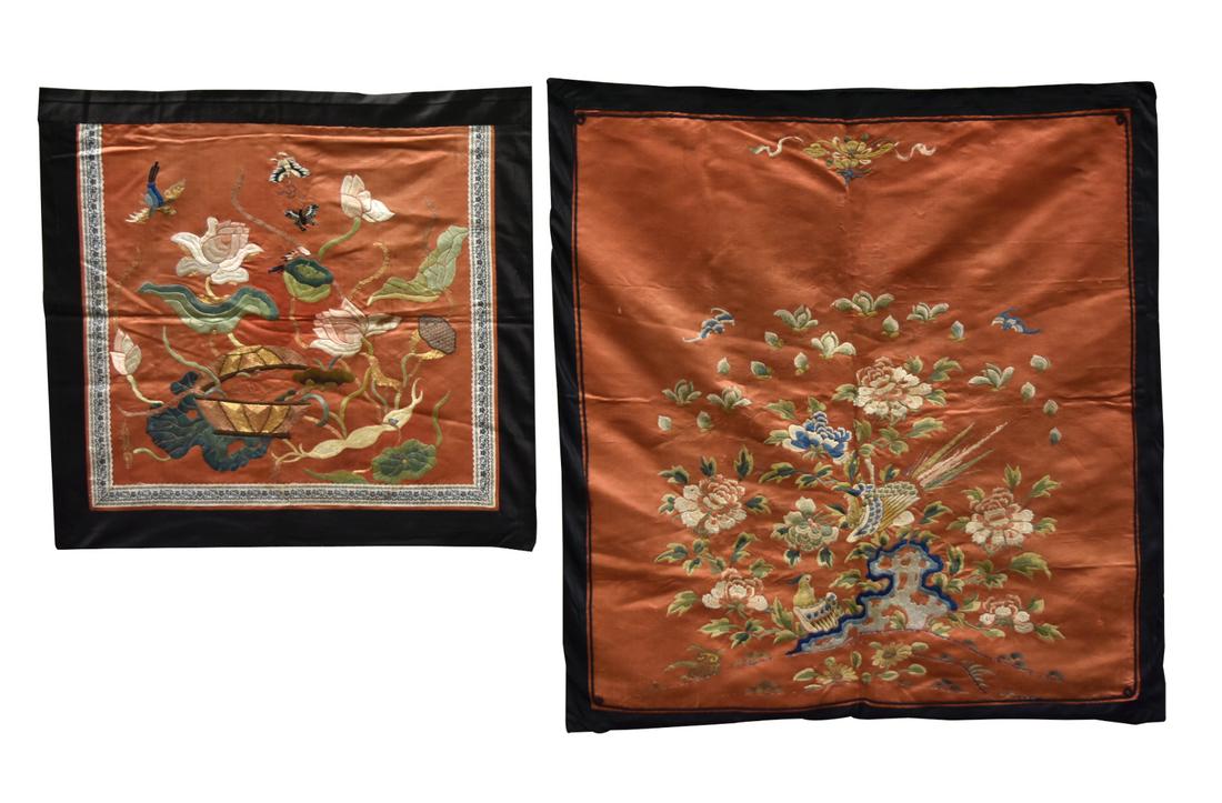 2 Chinese Embroidery w/ Lotus & Peony, Qing D. (1 of 9)