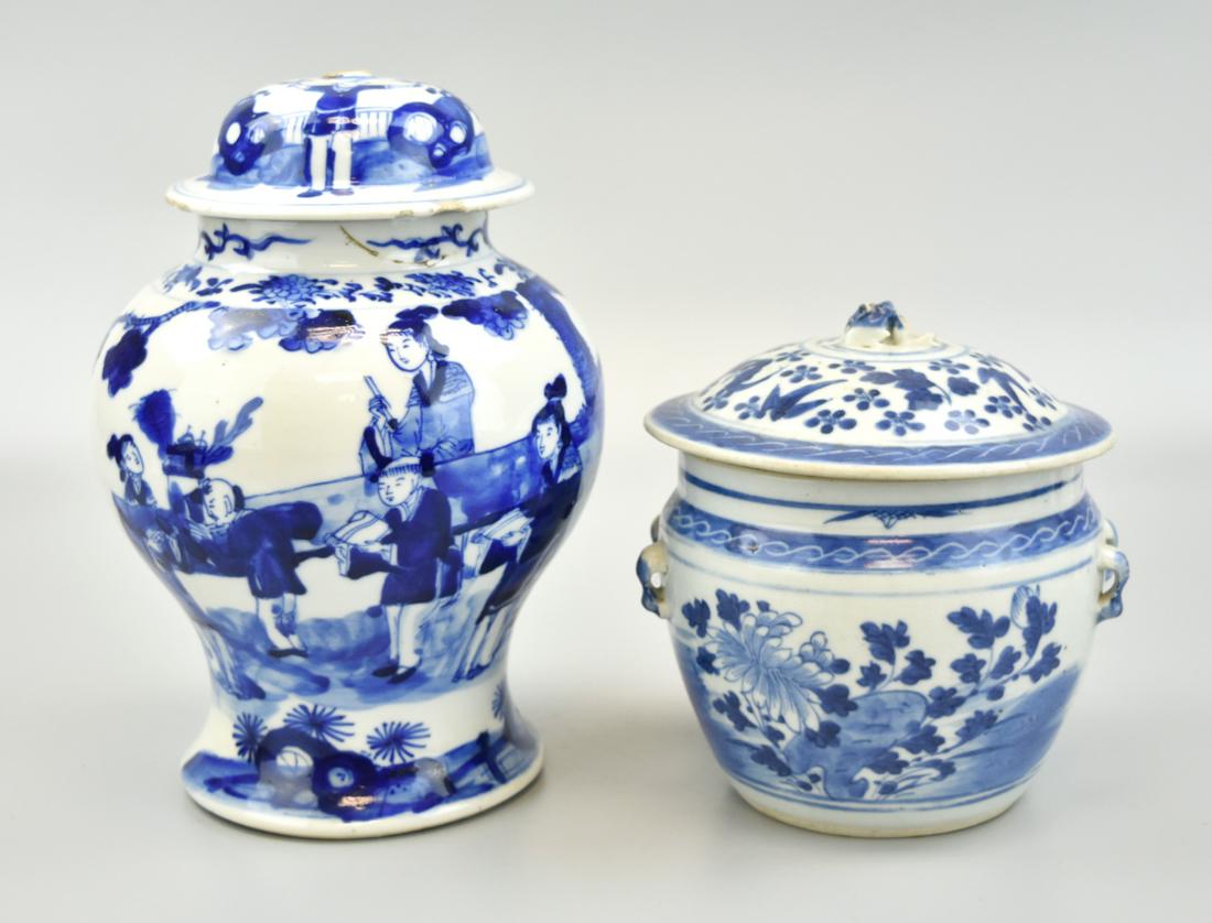 2 Chinese Blue & White Vase & Jar,19th C.: Chinese ,19th C, Stoutly potted, the baluster body rising from a spreading foot to rounded shoulders and a short straight neck, painted with figural and rockwork scene, with floral border Blue and whi