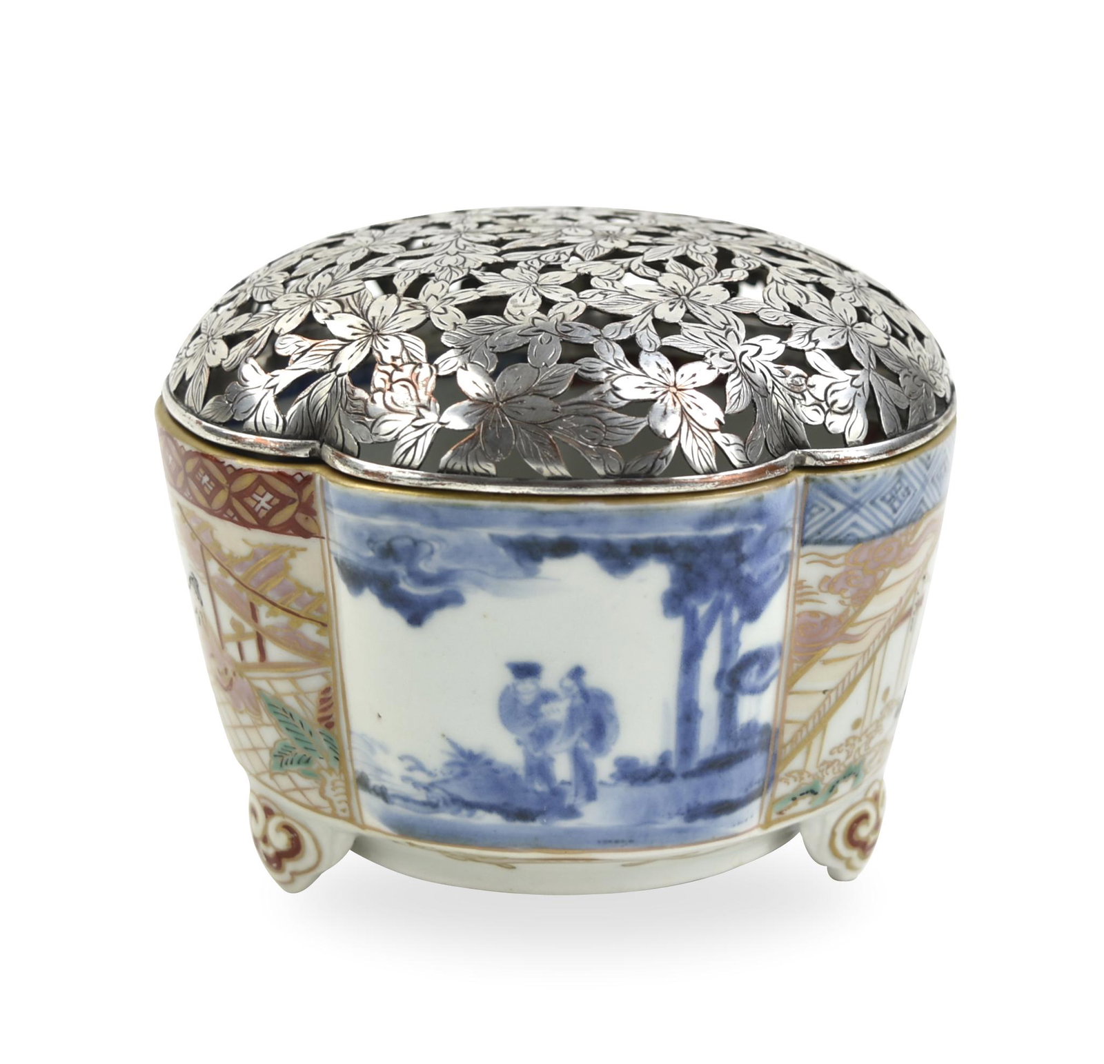 Japanese Imari Censer with Silver Cover,Meiji P.: Japanese ,Meiji Period, scalloped edge in a floral shaped verte bowl, painted with different scenery of figural and outdoor landscapes on a white ground, with geometric bands to the mouth interior and