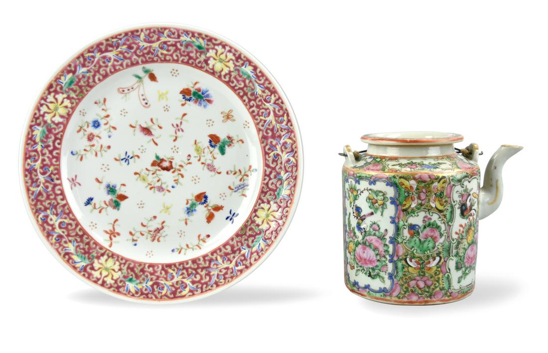 Chinese Famille Rose Plate & Canton Glazed Teapot (1 of 10)