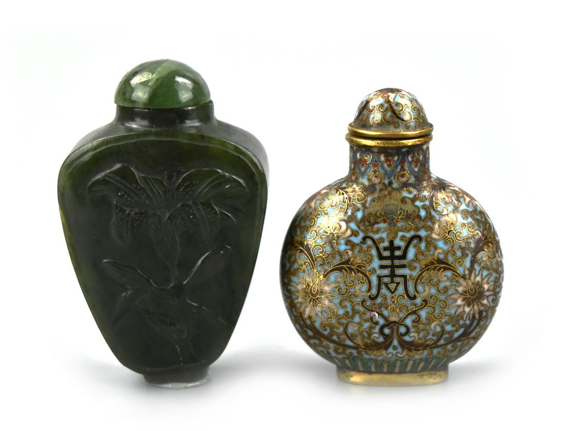 Chinese Green Jade & Cloissone Snuff Bottles (1 of 8)