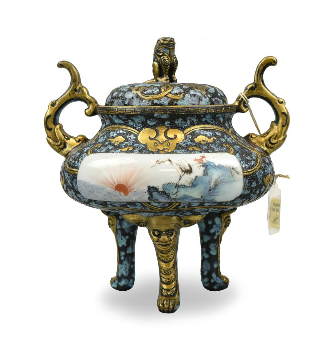 Chinese Gilt Tripod Censor w/ Crane & Sun,19th C. (1 of 10)