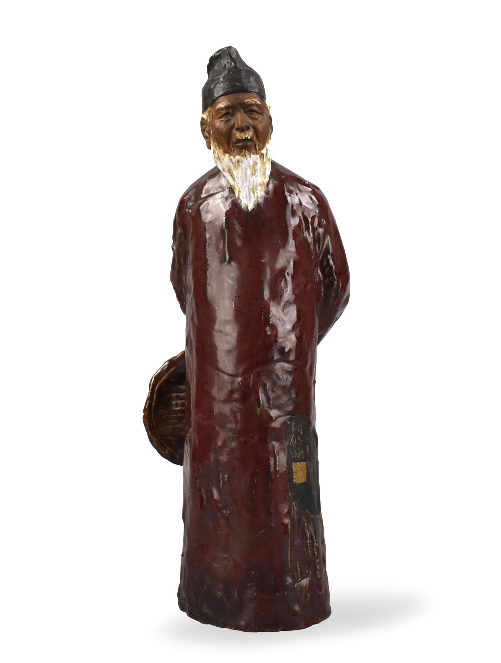 Chinese Shiwan Ware Figure of "Qibaishi": A Chinese, Republic Period, Shiwan ware figure of "Qibaishi". Tall and majestic, with an expressive and wise expression, long white beard, "Qibaishi" stands thoughtfully in long robe with hands behind