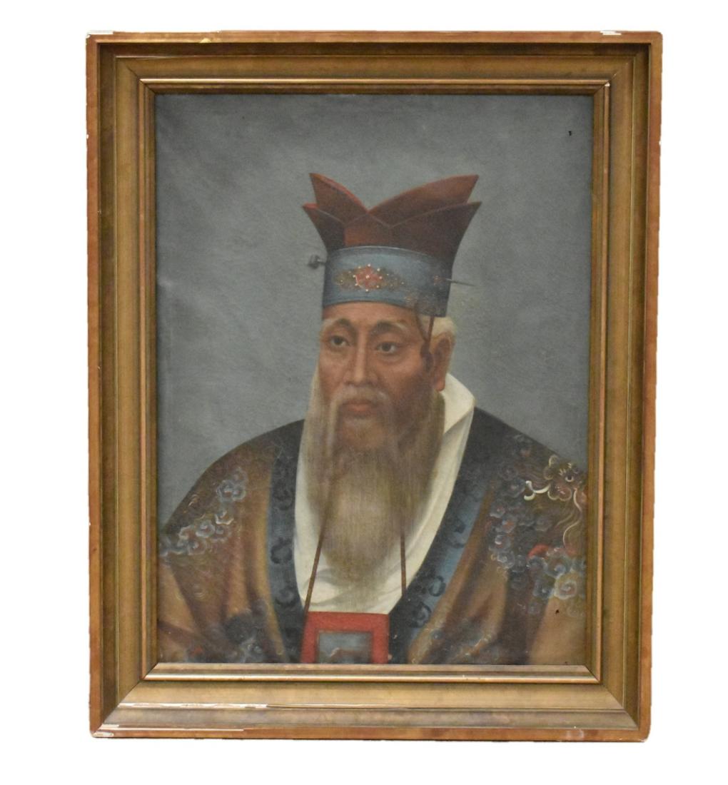 Chinese Export Oil Painting Of Confucius,19th C .: A Chinese export oil painting of Confucius, dating from the 19th century. Portrait of a pensive Chinese philosopher Confucius (551 BC-479 BC). With his log grey beard and red hat, he gazes outward. Pr
