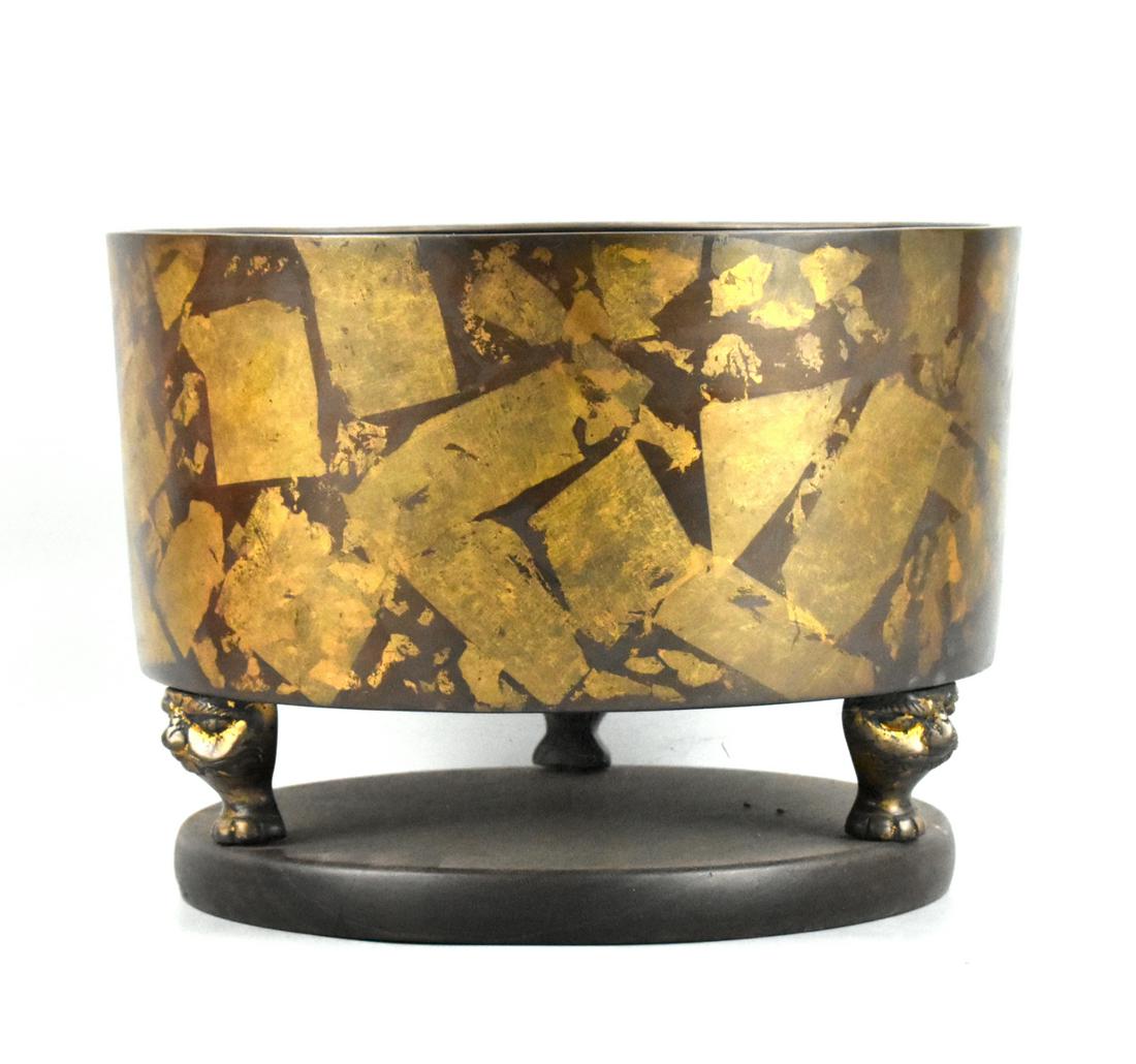 Japanese Mixed Metal Bronze Tripod Censer,Meiji P.: An Japanese mixed metal bronze tripod censer, Meiji period. A large mixed metal censer with straight walls. The mixed metal is placed in an abstract way and not figurative. Three tripod legs inspired 