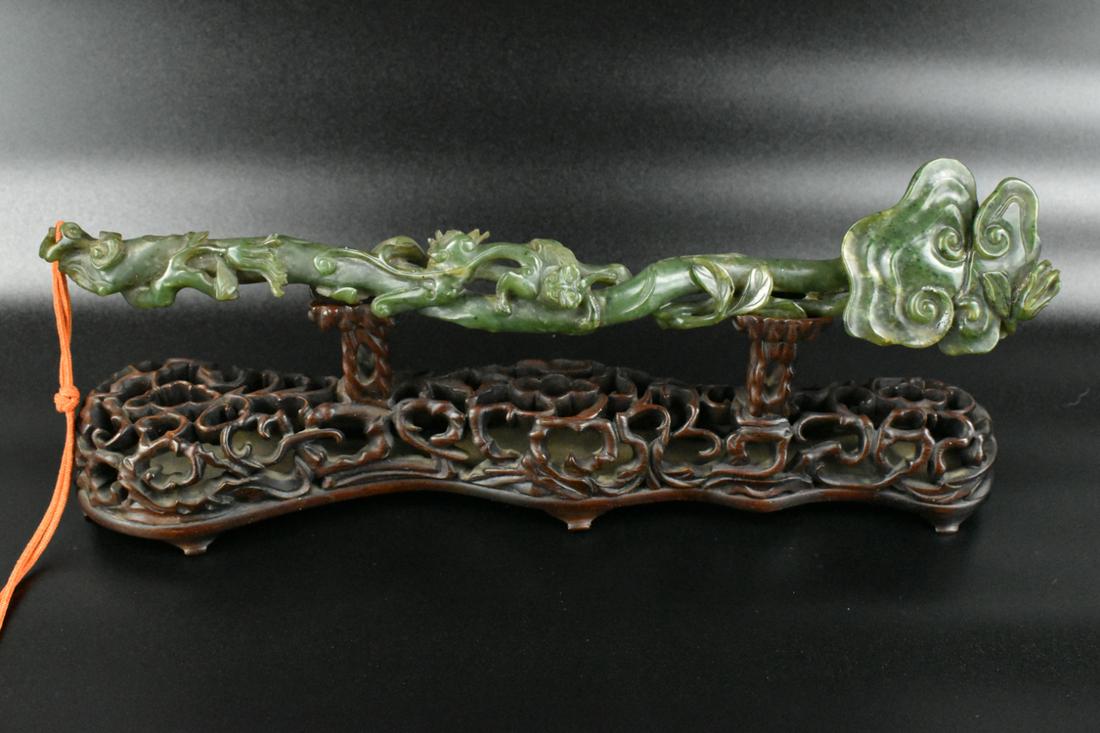 Chinese Spinach Jade Carved Ruyi Scepter, Qing D. (1 of 9)