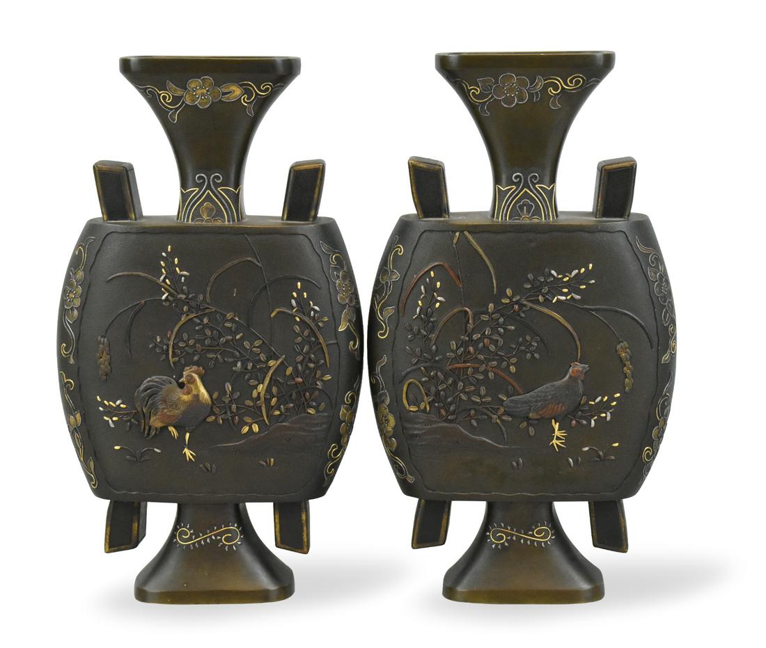 Pair Japanese Mixed Metal Vase w/ Rooster ,Meiji P (1 of 14)