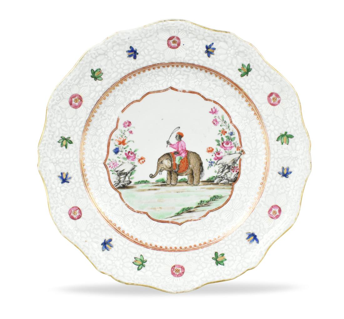 Chinese Export Enameled Plate w/ Elephant, 18th C.: Chinese ,18th C, export dish for Indian market with scalloped rim and raised border, depicting a man riding on elephant with whip in his hand, encircled with a floral double ring , floral pattern deco